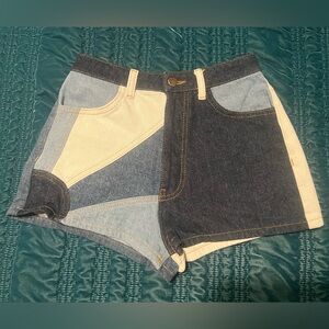 Farm Rio High Waist White & Blue Abstract Denim Jean Shorts